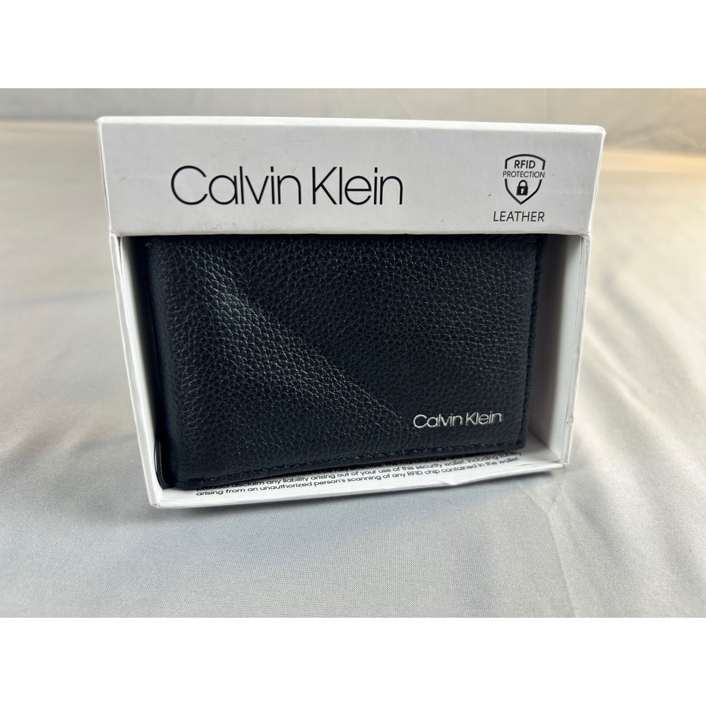 Calvin Klein Mens Black Leather RFID Bifold Wallet Pebbled Logo PCNX000052